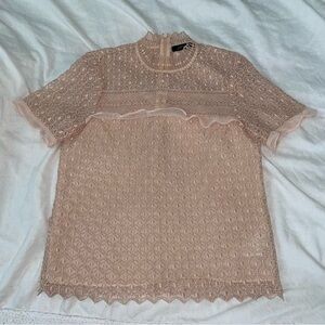Zara Woman SMALL lace guipure Mock Neck Top short sleeve Pink Cream Nude